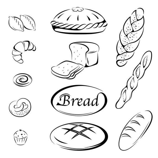 Fırın ürünleri, çeşitli siyah simgeler. Somun ekmek, simit, baget, kruvasan, pasta ve kek. Kaligrafi yazı ekmek. 