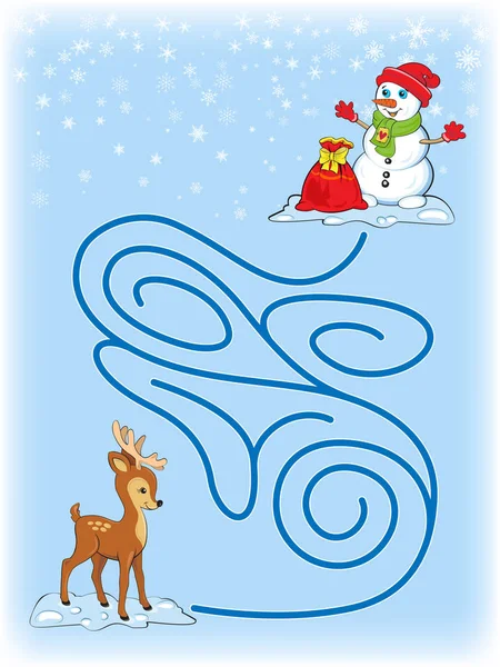 雪だるまと赤ちゃん鹿の写真と子供のための迷路ゲーム 雪だるまを取得するシカのヘルプし クリスマス バッグ プレゼント — ストックベクタ