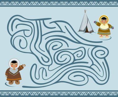 Maze oyunu çizgi film çocuklar karakterleri olan çocuklar için. Etnik kış giysileri Kuzey çocuklar. Çocuk kız kardeşi ve onların konut ulaşmak için yardım. Dahil desen fırçası ile Kuzey sorunsuz süsleme.