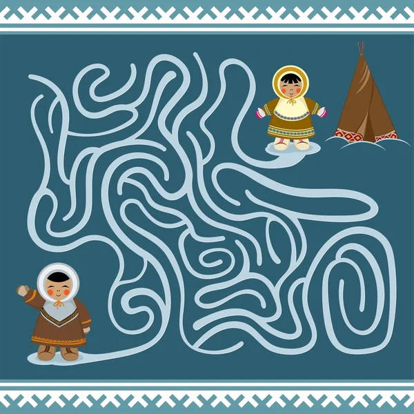 Labirintus Játék Gyerekeknek Gyerekek Rajzfilmfigurák Északi Gyerekek Etnikai Téli Ruhákat — Stock Vector