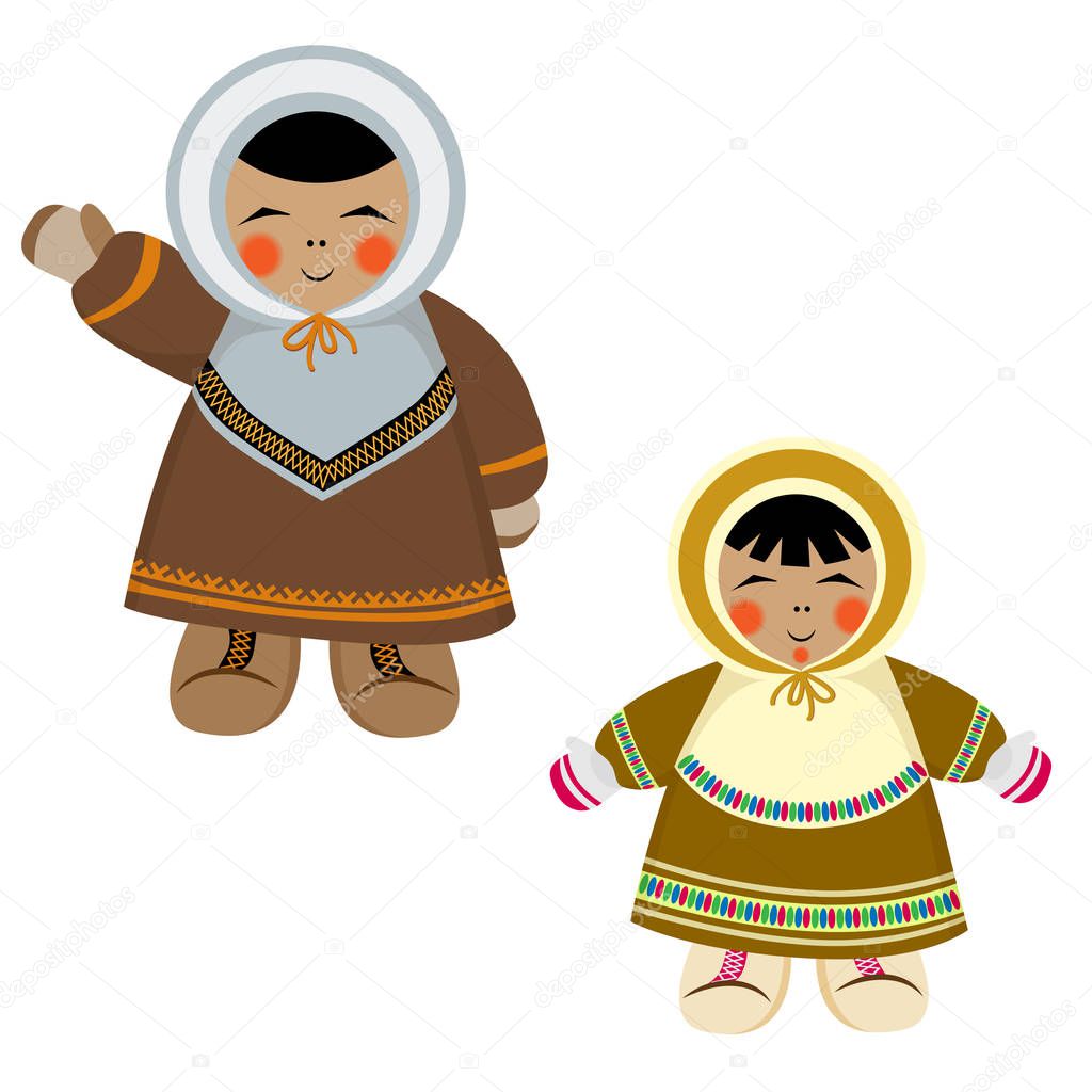 Northern kids characters in ethnic winter clothes. Male and female icons of Northern aborigines.