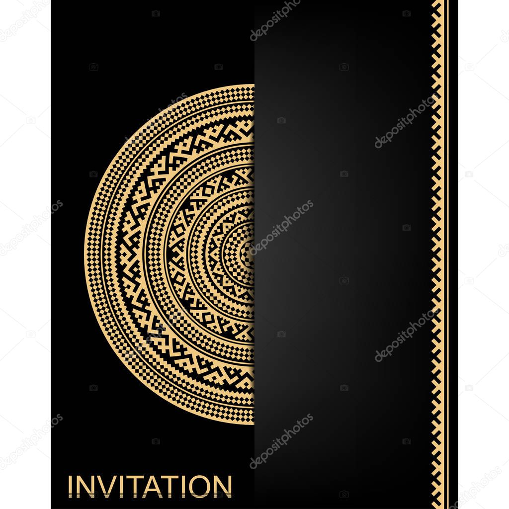Template for card, invitation, banner. Round geometric ethnic ornaments of northern nations. Business colors. Copy space. Pattern brushes included in EPS file.