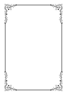 Dikdörtgen siyah süslü çerçeve. Dekoratif çiçek köşeleri. A3, A4 kağıt boyutu yazdırma.