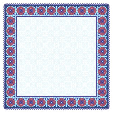 Kare çiçek çerçeve. Arapça tarzı dekoratif süsleme. Fayans, arabesk. Süslü peçete. Renk örneği Eps dosyasına eklenir.