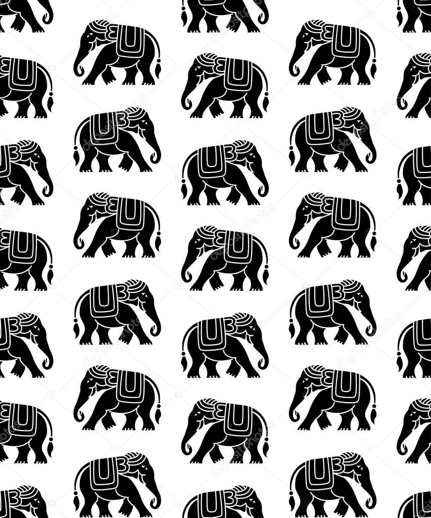 Seamless black pattern with tribal style elephants. Thai, Indian, African symbol. Swatch is included in vector file.