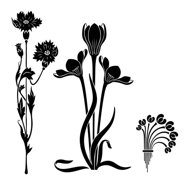 Art Nouveau Style Decorative Elements Black Stylized Flowers Stencils — Stock Vector