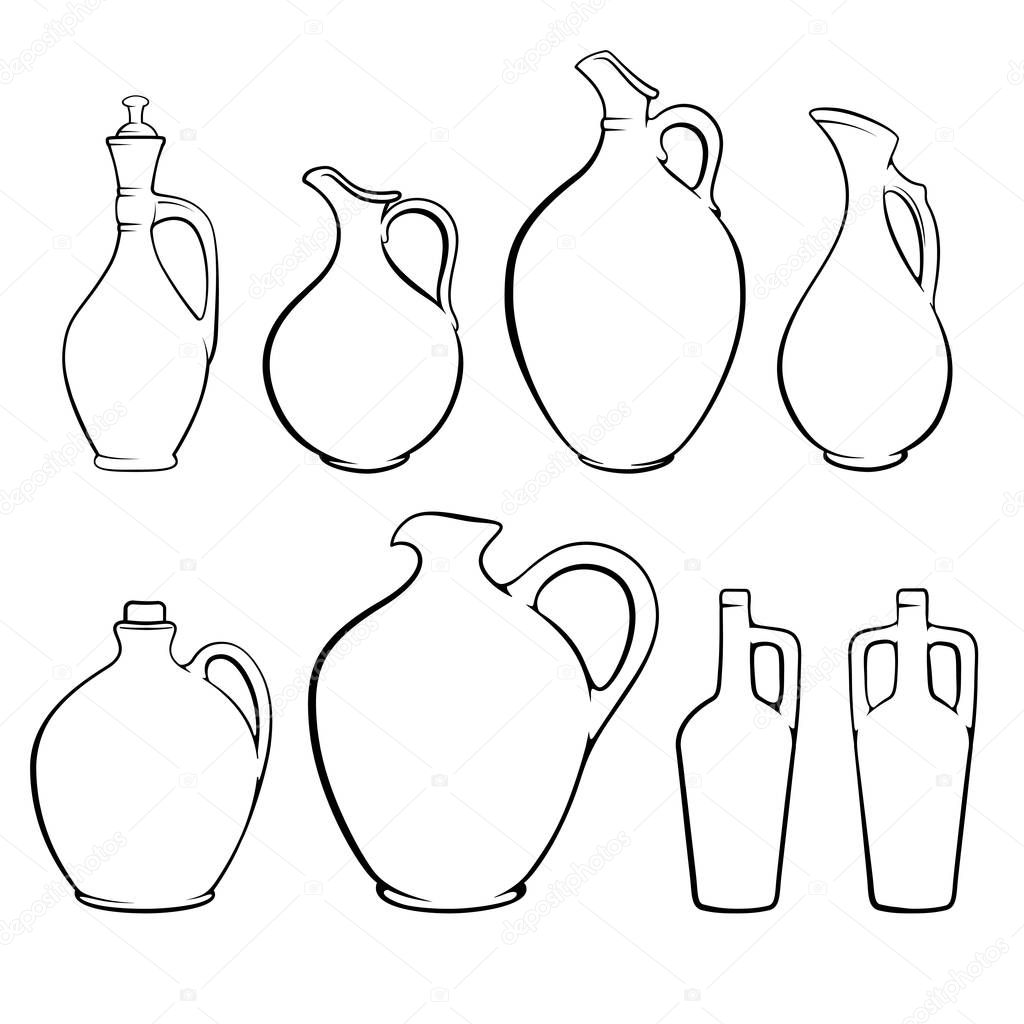 Black sketches of ceramic wine jugs of various shapes. Coloring page.