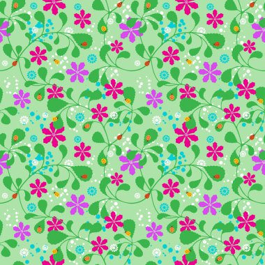 Dikişsiz yaz deseni, yapraklar, süslü çiçekler, uğur böcekleri ve arka planda kabarcıklar ile ince dalları interlacing. Eps dosyasına dahil edilen Swatch.