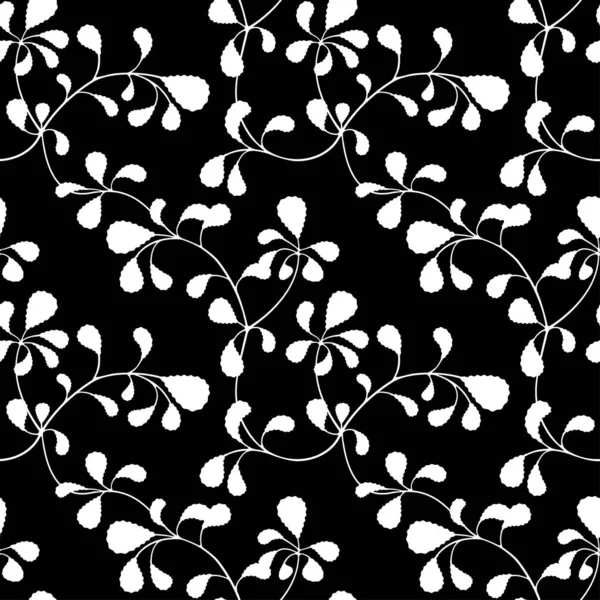 Бесшовный Белый Узор Чересстрочные Тонкие Ветви Листьями Черном Фоне Swatch — стоковый вектор