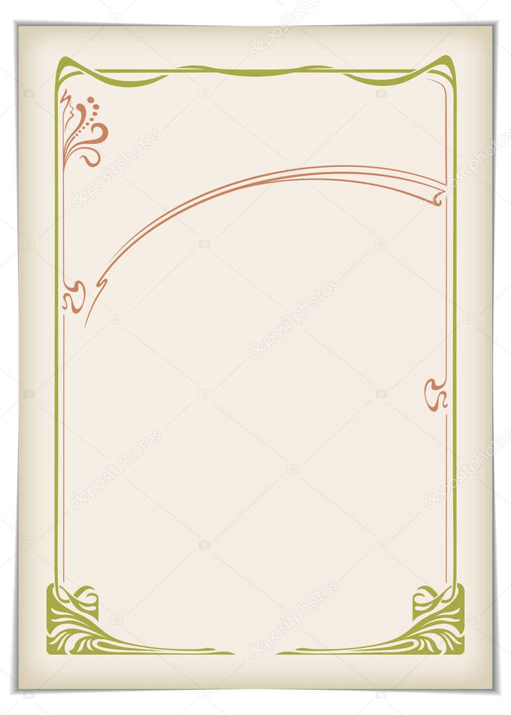 Rectangular retro framework on a sheet of faded paper. Art Nouveau style and colors. Template for certificate, card. A4, A3 page proportions.