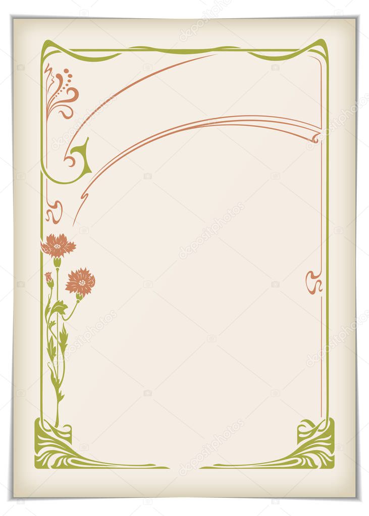 Rectangular retro framework with abstract flower element on a sheet of faded paper. Art Nouveau style and colors. Template for certificate, card. A4, A3 page proportions.