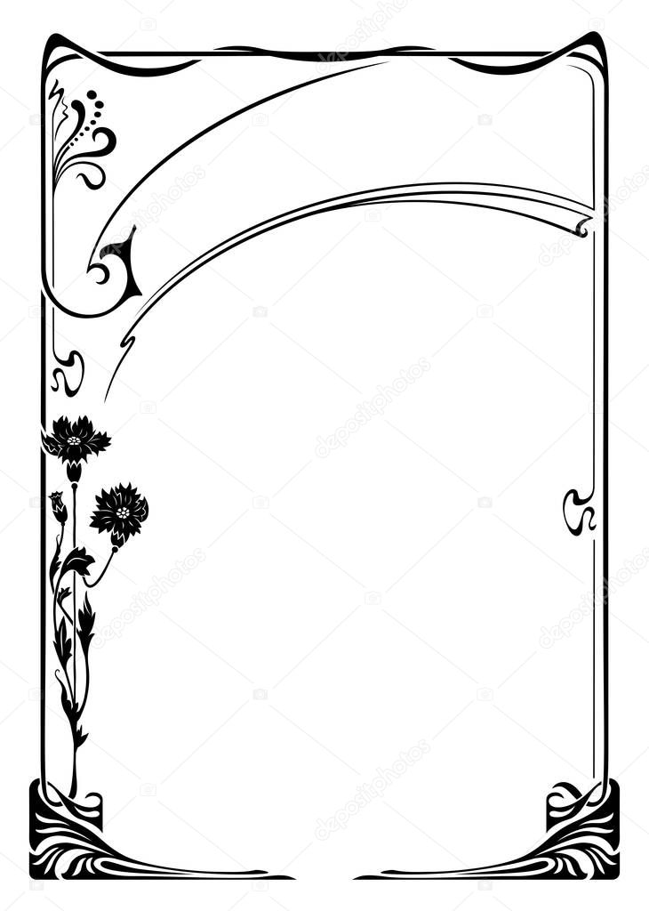 Rectangular black retro framework with abstract flower element. Art Nouveau style. Template for certificate, card. A4, A3 page proportions.