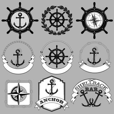 Siyah ve beyaz denizcilik etiketleri kümesi. Yazı Çapası, Shellback Bar. Siyah beyaz renkler. 