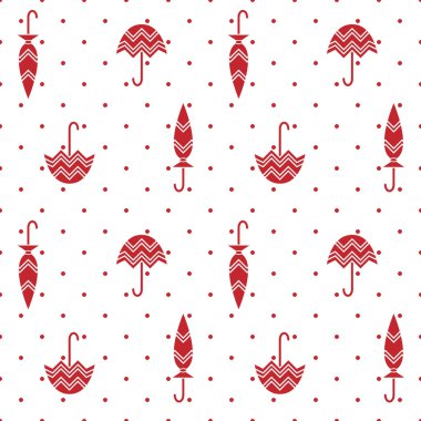 Kırmızı şemsiye ve polka noktaları ile dikişsiz desen. Saydam arka plan. Swatch dosyaya dahil edildi. 