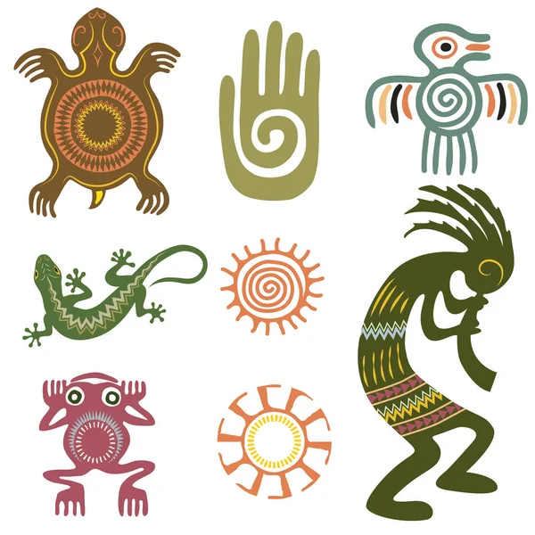 Conjunto Símbolos Étnicos Nativos Americanos Símbolos Aztecas — Vector de stock