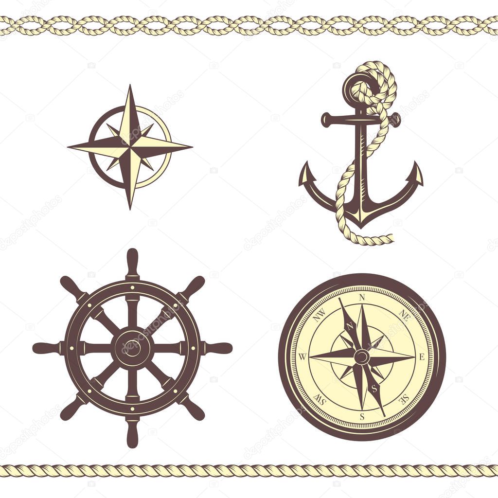Set of nautical symbols. Anchor, ropes, compass, Rose of Wind, ship steering wheel, borders. Yellow and brown colors. 