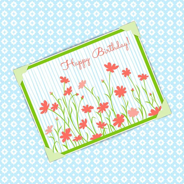 Card Abstract Meadow Flowers Blue Seamless Backdrop Lettering Happy Birthday — Stock Vector