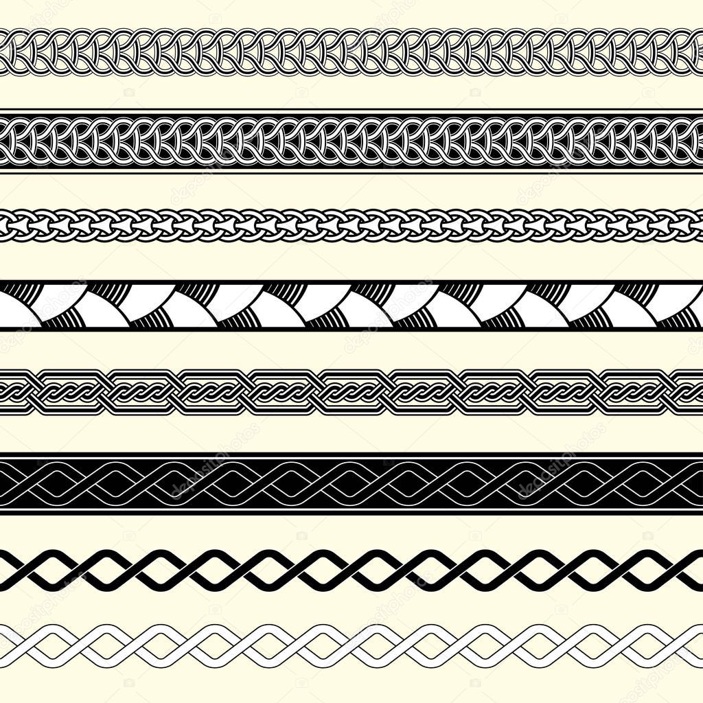 Set of seamless Celtic knotting borders. Black and white ribbon ornaments. Pattern brushes included in EPS file.