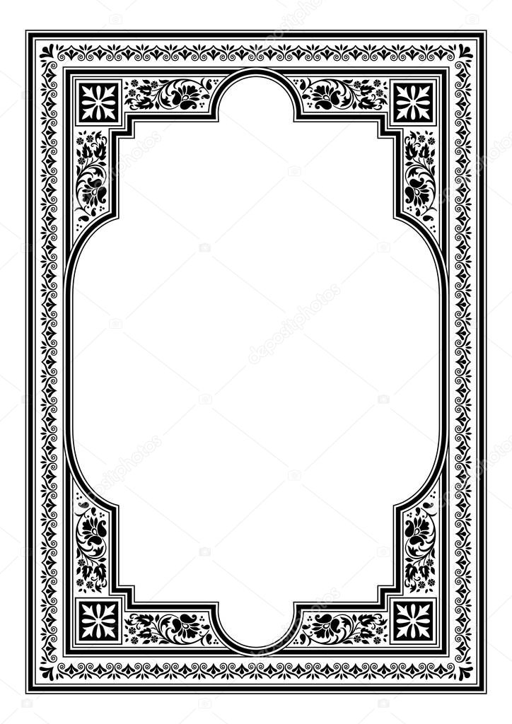 Rectangular black and white ornate framework. Decorative elements. Retro style. Book cover or icon case design. 