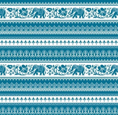 Kabile tarzı filler ve çiçekler ile dikişsiz desen. Tay, Hint, Afrika sembolü. Mavi ve beyaz renkler. Vektör dosyasına dahil edilen swatches. 