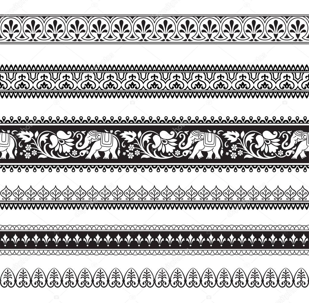 Seamless black and white borders with tribal style elephants and flowers. Thai, Indian, African symbol. Pattern brushes included in vector file.