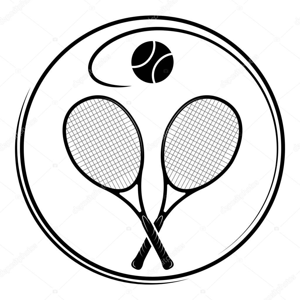 Emblem with tennis racquets and a ball in a circle. Black color.