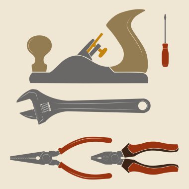 İnşaat araçları simgeler. Blok uçak, tornavida, ayarlanabilir anahtarı, pense, uzun burun pense.