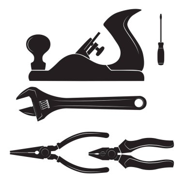 İnşaat araçları simgeleri. Blok düzlem, tornavida, ayarlanabilir anahtar, pliers, uzun burun lu lar. Siyah beyaz renkler.