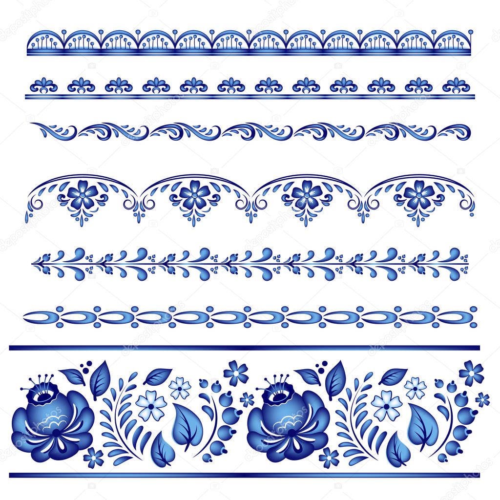 Painted floral borders. Style of Gzhel, Russian traditional folk craft. 