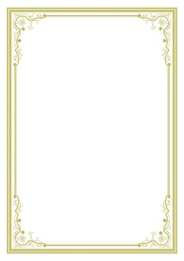 Dekoratif altın dikdörtgen çerçeve. Süslü köşeler, altın rengi. A4, A3 boyutları.