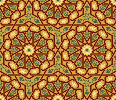 Kusursuz İslami düzen. Geleneksel doğu grafik tarzı ve renkleri. Birbirine bağlı hatlar. Çiçek elementleri. 