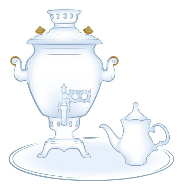 Samovar是俄罗斯传统上用来加热和沸腾水的金属容器 茶壶通常有一个环形的附件来固定茶壶和加热茶壶 茶壶和茶壶的蓝色草图 彩色页或模板 — 图库矢量图片