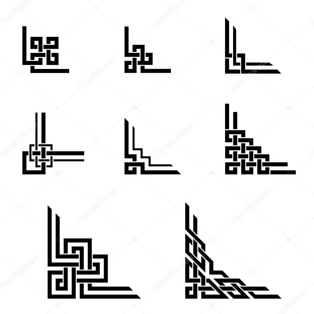 Black geometric frame corners. Celtic style. Interlaced lines and knots. 