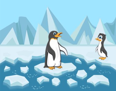 Karikatür penguenleri buz üstünde. Yavru penguen ve annesi.