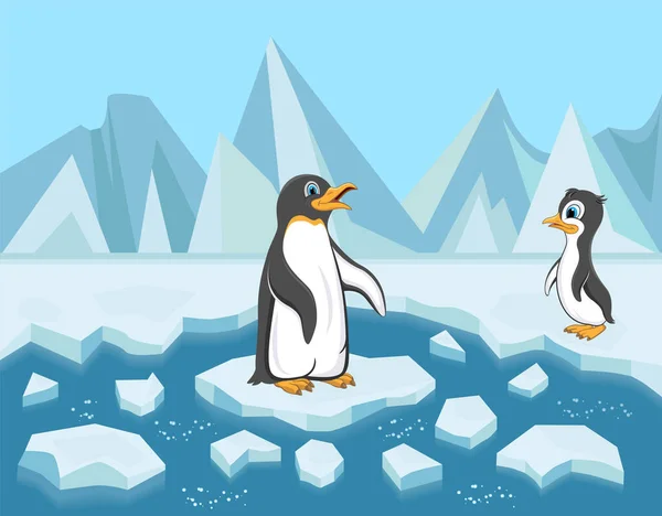 氷の上の漫画ペンギン 赤ちゃんペンギンとその母親 — ストックベクタ