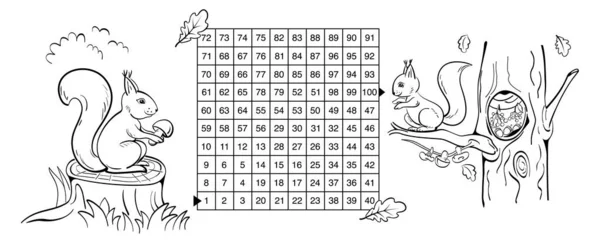 Jeu Labyrinthe Mathématique Avec Des Écureuils Aidez Écureuil Amener Champignon — Image vectorielle