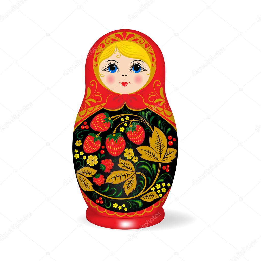 Russian nesting doll. Babushka or Matryoshka. Decorated with hohloma, Russian traditional painted floral pattern. 