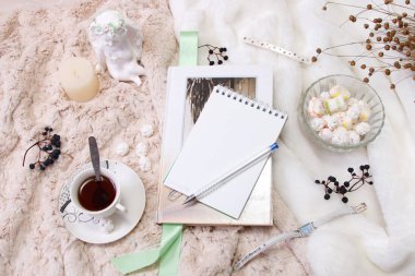 Bir kitap, bir dizüstü bilgisayar, bir mum bir cam şamdan, parvarda, şeker, beyaz sıva, bir kol saati faux kürk ürünleri yumuşak, bej battaniye üzerinde yapılan bir meleğin bir heykelcik fıstık. Düz yatıyordu. Kopya alanı.