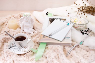 Bir kitap, bir dizüstü bilgisayar, bir mum bir cam şamdan, parvarda, şeker, beyaz sıva, bir kol saati faux kürk ürünleri yumuşak, bej battaniye üzerinde yapılan bir meleğin bir heykelcik fıstık. Yan görünüm.