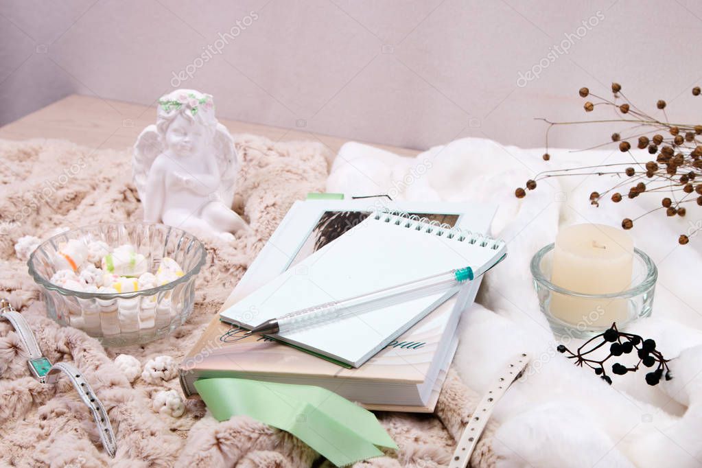 A book, a notebook, a candle in a glass candlestick, parvarda, peanuts in sugar, a statuette of an angel made of white plaster, a wristwatch on a soft, beige blanket made of faux fur. Side view.