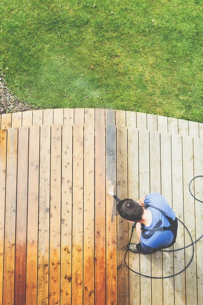 Man Cleaning Terrace Power Washer High Water Pressure Cleaner Wooden — Stock Photo, Image