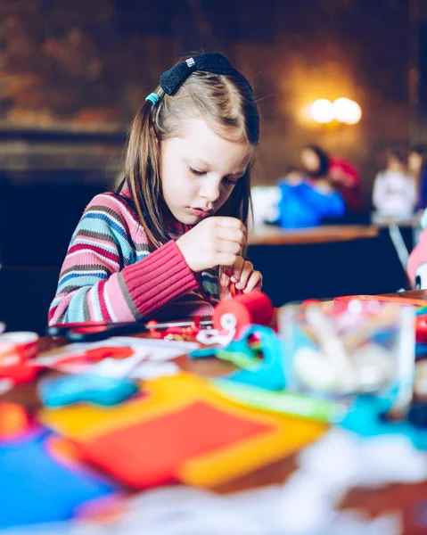 Tailor Art Workshops Children Girl Sewing Felt Decorations Colorful Fabrics — Stock Photo, Image