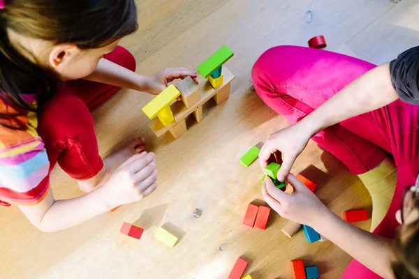 Children Playing Colorful Wooden Blocks View — Stock Photo, Image