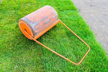 Taze çimlerin üzerinde eski ağır çelik bahçe çimleri pateni