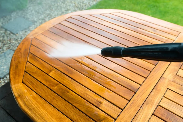 Cleaning Garden Table Power Washer High Water Pressure Cleaner Wooden — Stock Photo, Image
