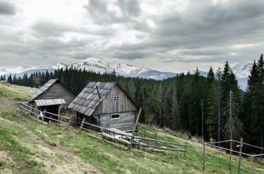Dağlarda eski ev. Dağlar ve ormanlar arasında ev. Carpathians ahşap ev. Dağlarda Shepherd 'ın kulübesi.