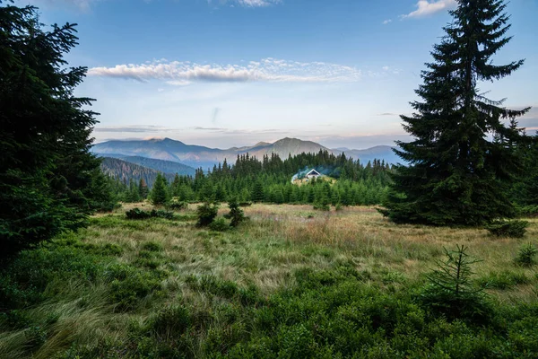 Manhã nebulosa nas montanhas dos Cárpatos, Ucrânia. Velha casa de madeira nas montanhas. Floresta de abeto nos Cárpatos ucranianos. — Fotografia de Stock
