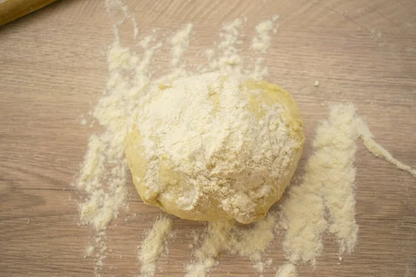 Preparation Pizza Dough Wood Table Flour — Stock Photo, Image