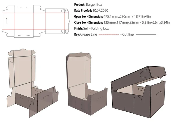 Comida Rápida Burger Box Packaging Design Template Selflock Die Cut — Archivo Imágenes Vectoriales