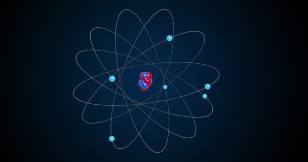 Atoom Elektronen Orbiting Een Nucleus Met Blauwe Achtergrond — Stockvideo